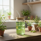 Glass jar with a straw and 'Wake Up & Garden' text, filled with green liquid, on a wooden surface with plants in the background.