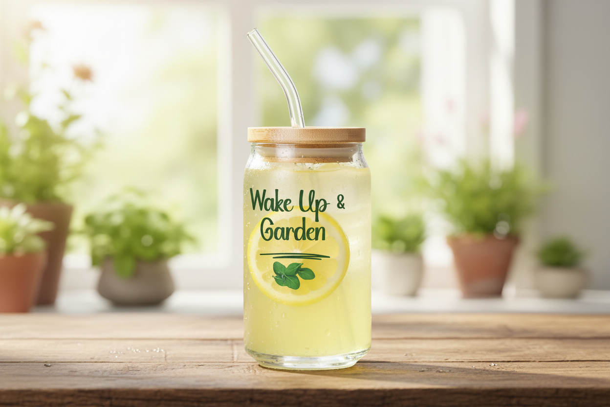 Glass jar with lemonade and straw on a wooden table with plants in the background