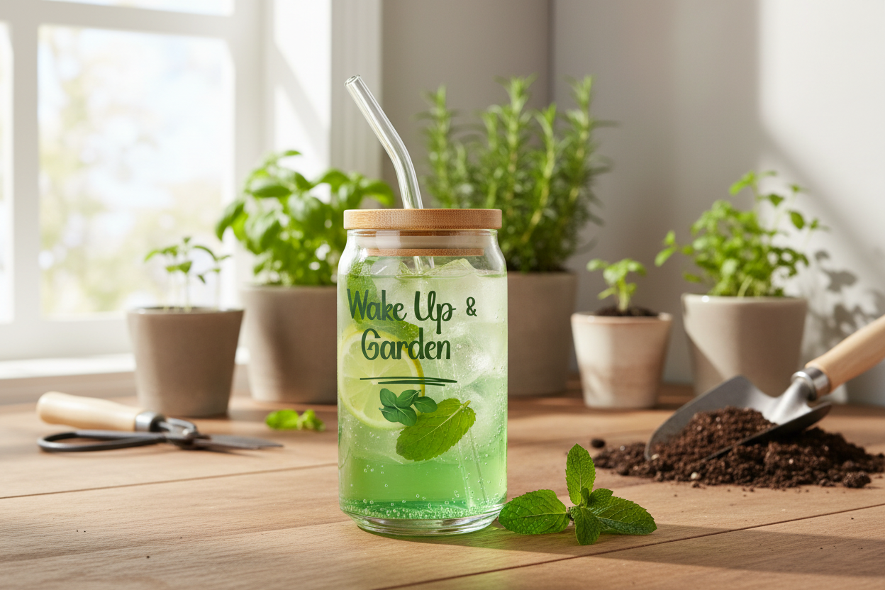Green drink in a jar with a straw, surrounded by plants on a wooden surface.