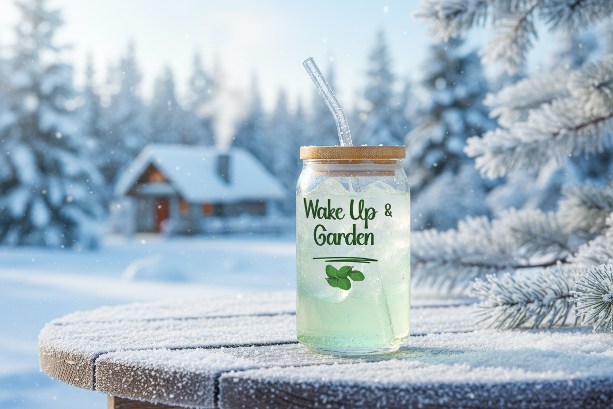 Glass jar with a straw labeled 'Wake Up & Garden' on a snowy surface with a winter landscape in the background.