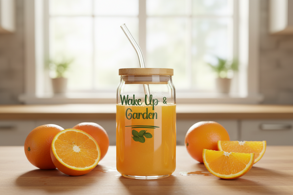 Glass jar of orange juice with a straw on a wooden table, surrounded by oranges and orange slices.