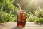 Jar of iced tea with a straw on a wooden surface outdoors