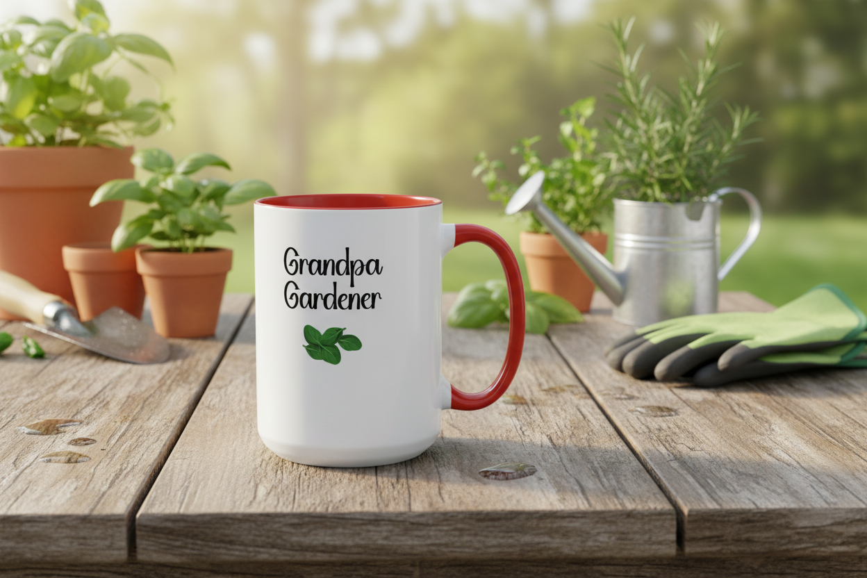 Mug with 'Grandpa Gardener' text on a wooden table with gardening tools and plants.