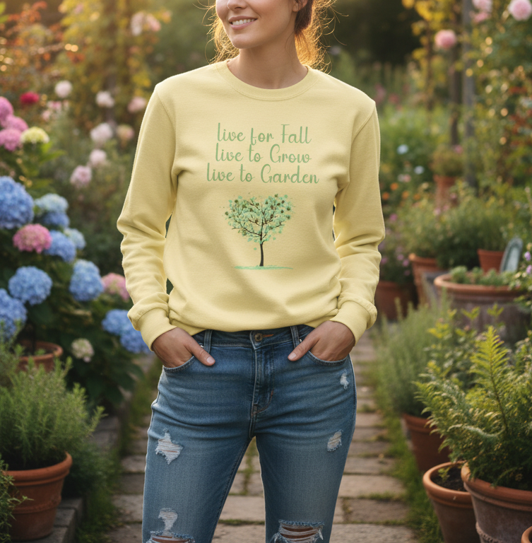 Person wearing a yellow sweatshirt with a tree design and text in a garden setting