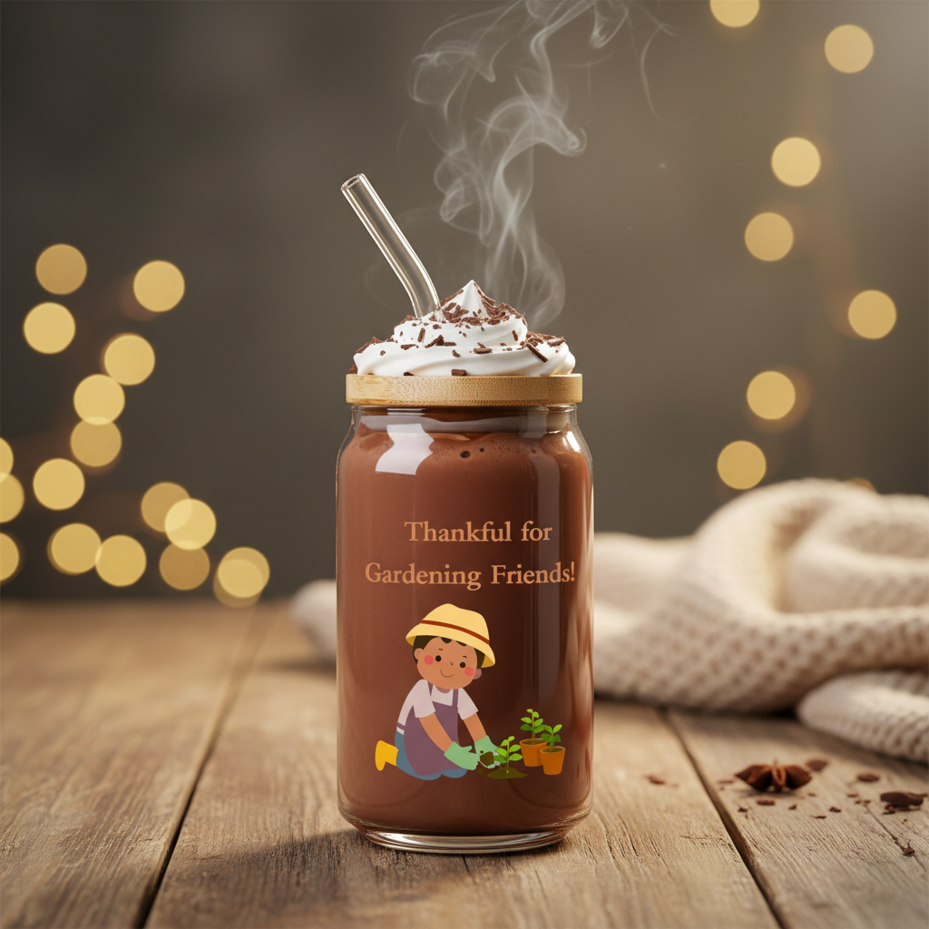 Jar of hot chocolate with whipped cream and a straw, featuring a garden-themed label on a wooden surface with blurred lights in the background.