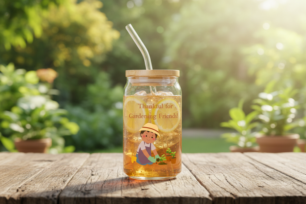 Jar of iced tea with straw on a wooden table outdoors