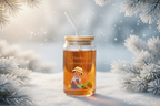 Jar of honey with a straw and engraved design in a snowy landscape