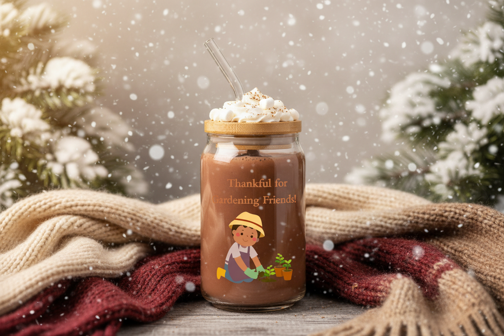 Jar of hot chocolate with whipped cream and a straw, surrounded by winter elements like snow and blankets.