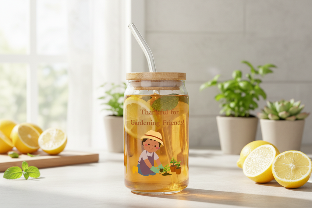Glass jar with tea and lemon slices on a table with plants in the background