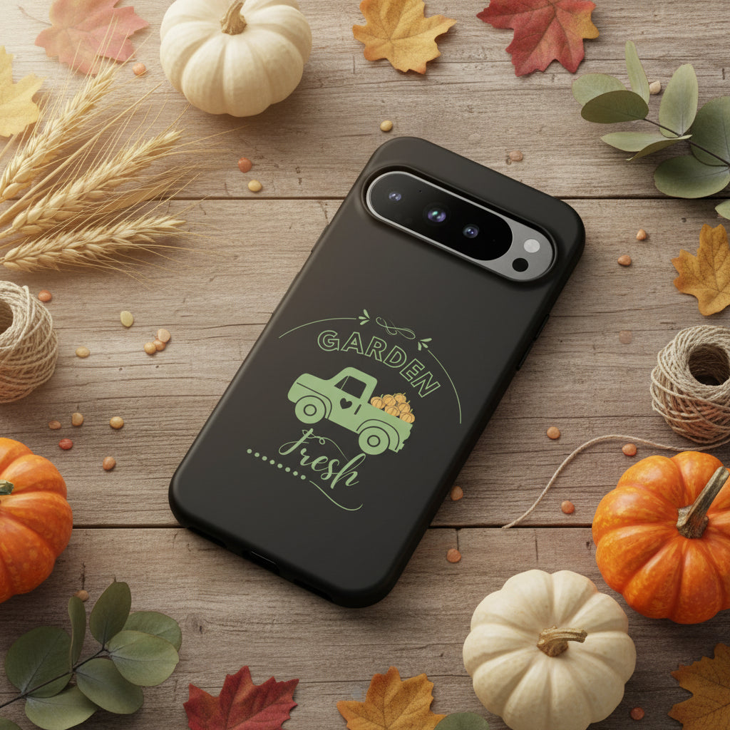 Black phone case with a green truck and 'Garden Fresh' text on a white background