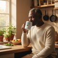 White mug with black interior and handle, featuring 'Grandpa Gardener' text and a leaf graphic on a beige background.