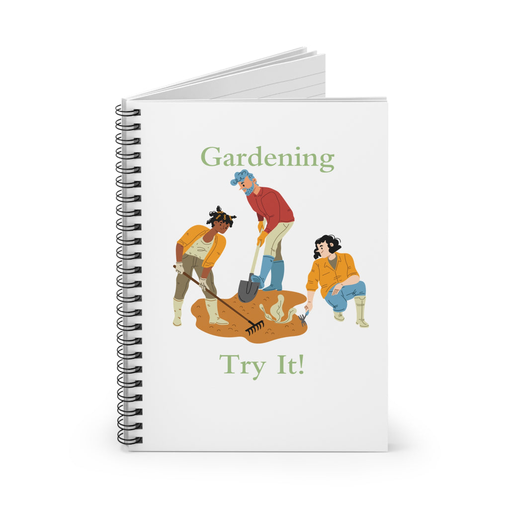 Notebook with gardening illustration and text on a white background
