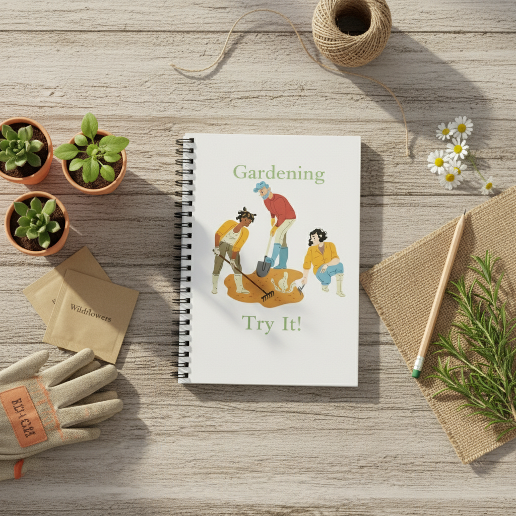 Notebook with gardening illustration on a table with plants and a cup of coffee