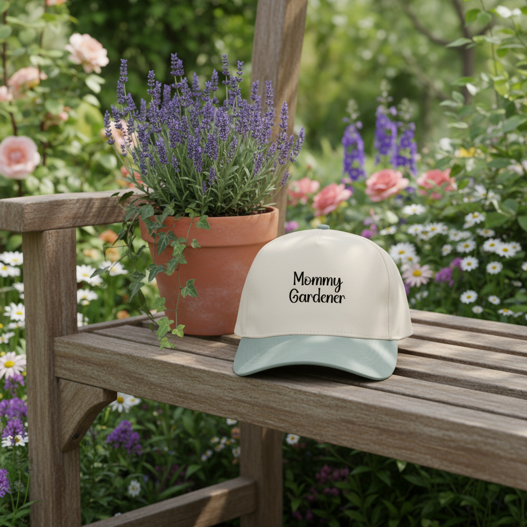 Cap with 'Mommy Gardener' text on a wooden bench with a potted lavender plant in a garden setting
