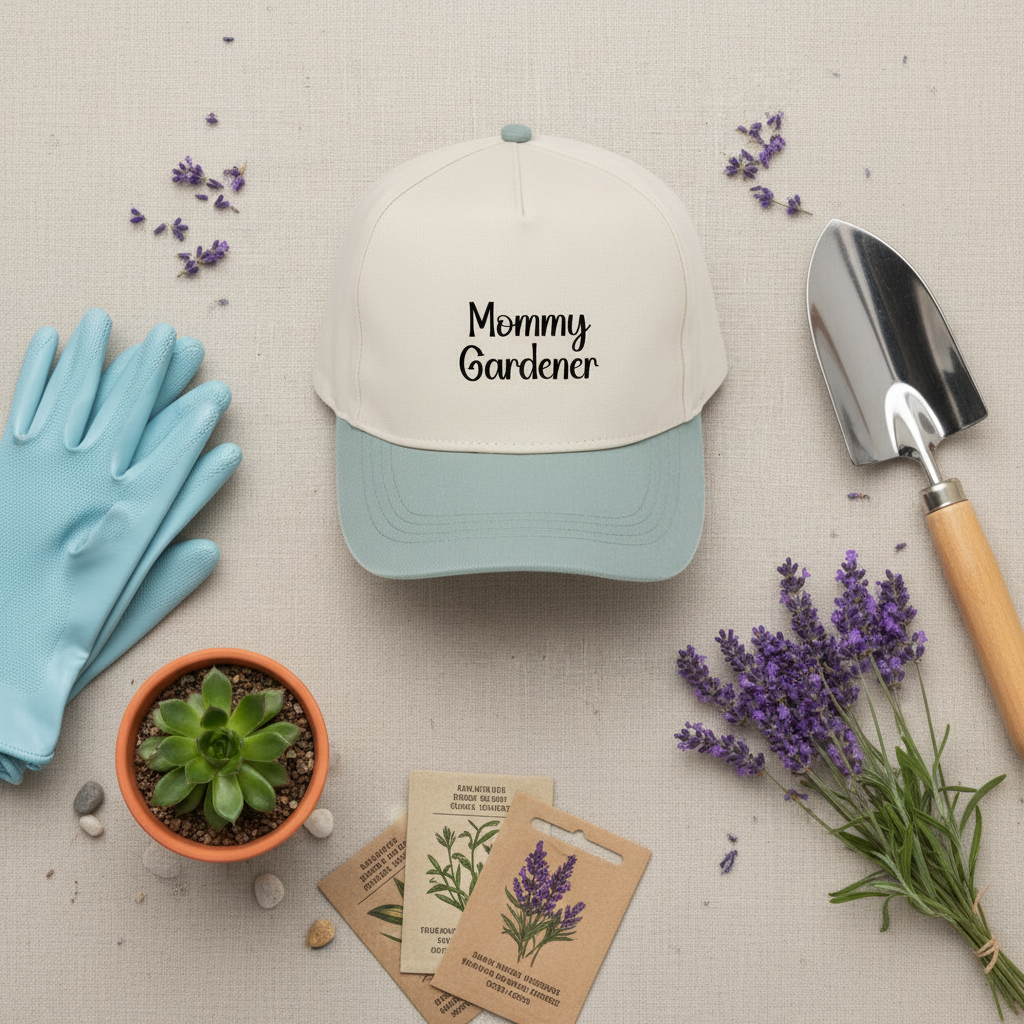 Gardening tools and accessories including a cap with 'Mommy Gardener' text, gloves, a potted plant, and seed packets on a textured surface.