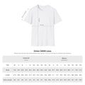 White t-shirt with size chart measurements on a white background