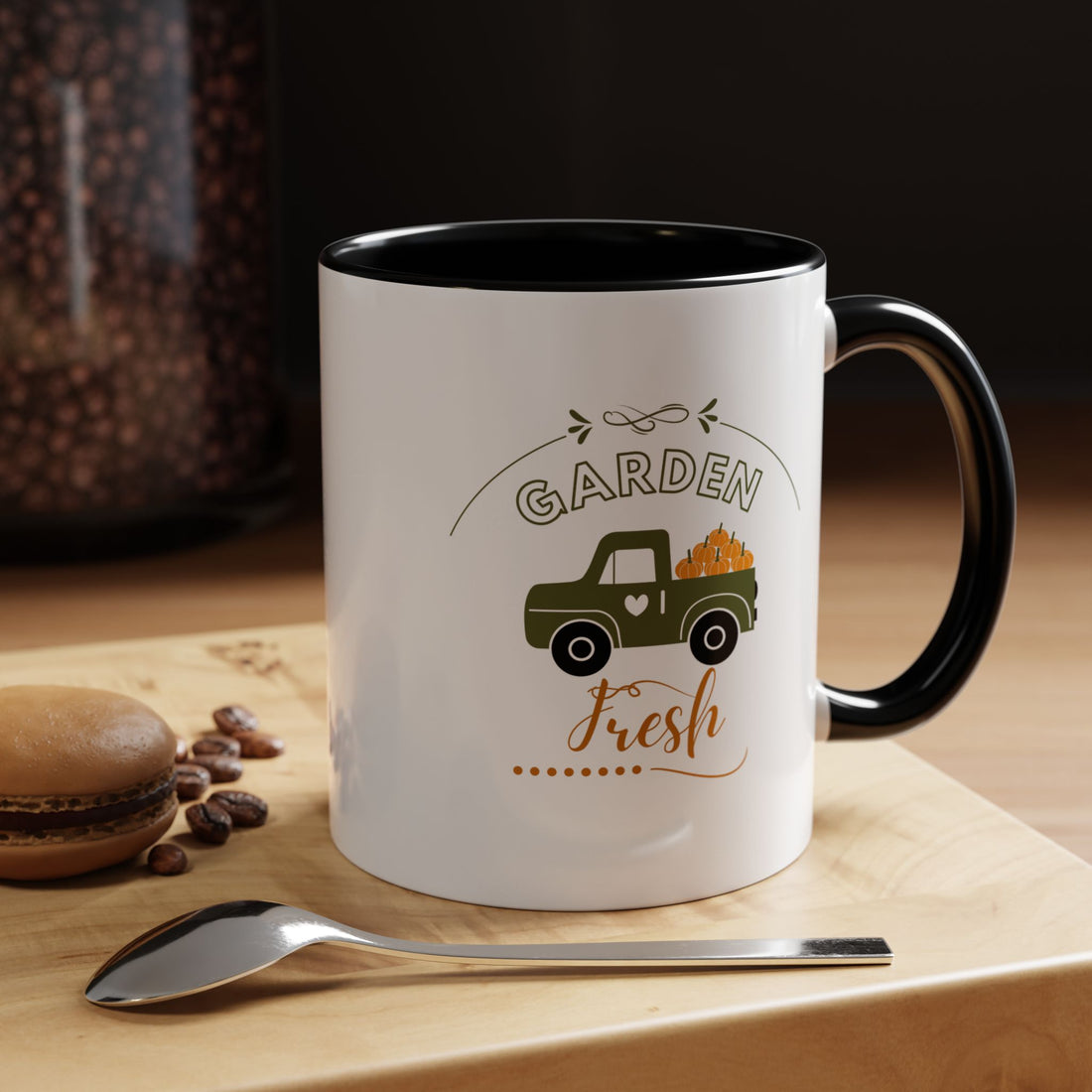 White mug with purple interior and handle featuring a green truck and 'Garden Fresh' text on a beige background