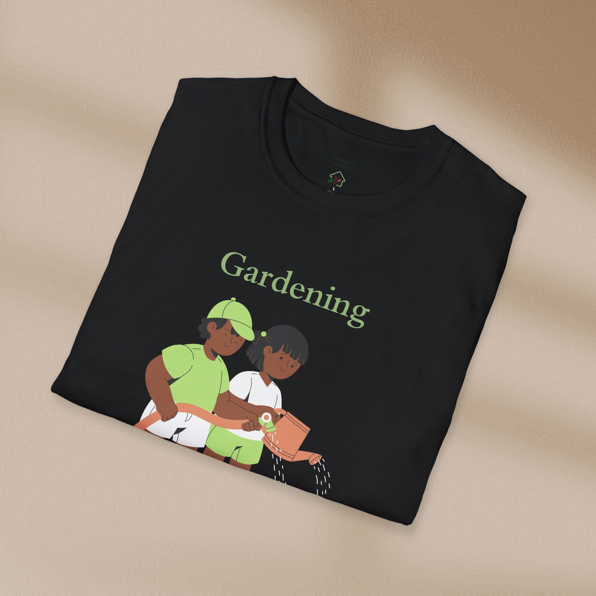 Black t-shirt with 'Gardening' text and illustration of two people gardening on a beige background