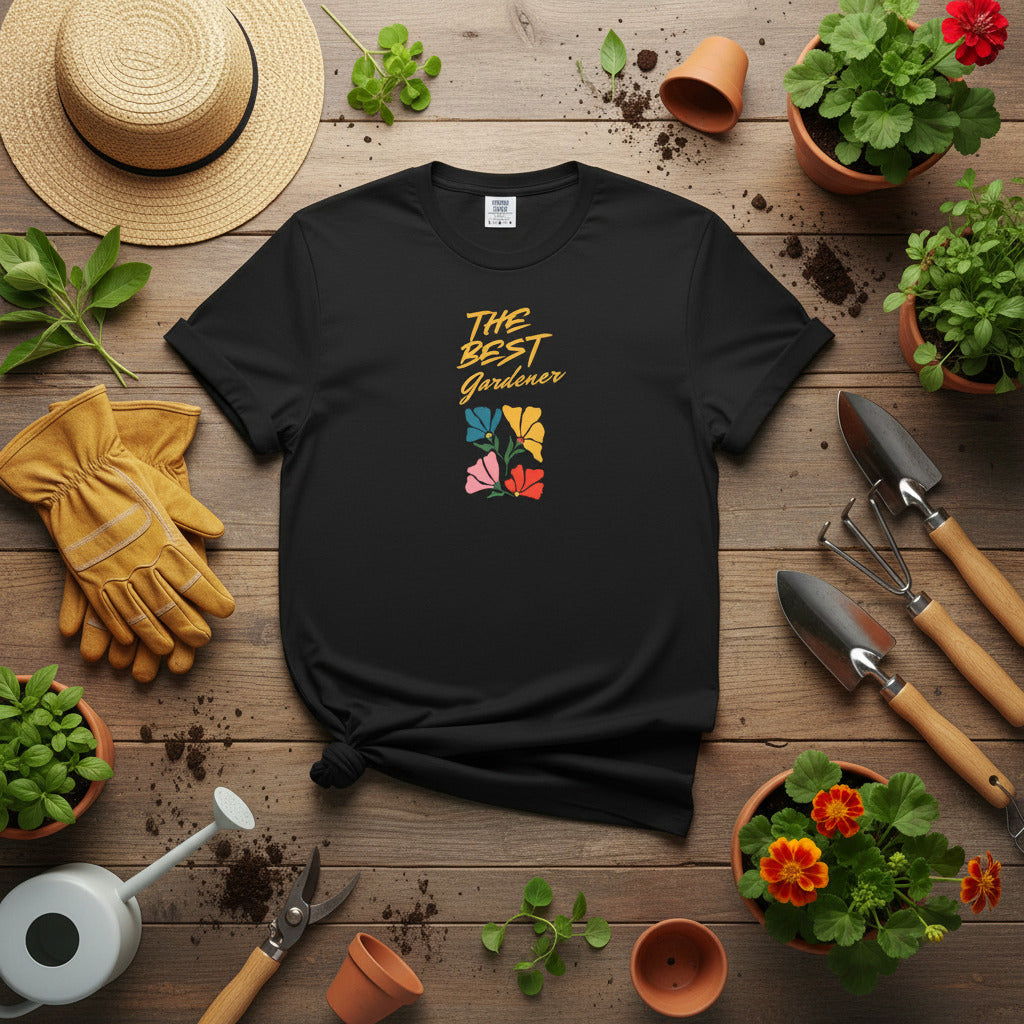 Black t-shirt with colorful floral design and text on a beige background
