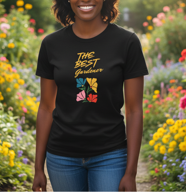 Black t-shirt with colorful floral design and text on a beige background