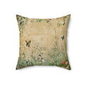 Decorative pillow with floral and butterfly design on a beige background