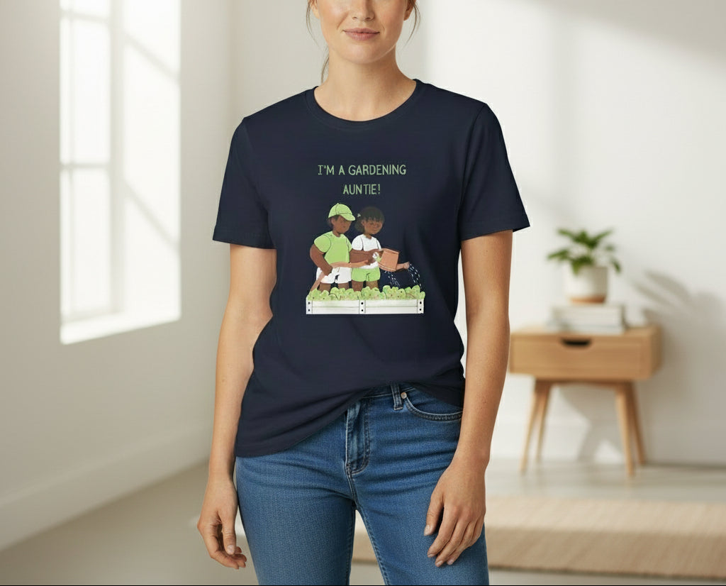 Navy blue t-shirt with graphic of two children gardening and text 'I'm a gardening auntie!' on a beige background