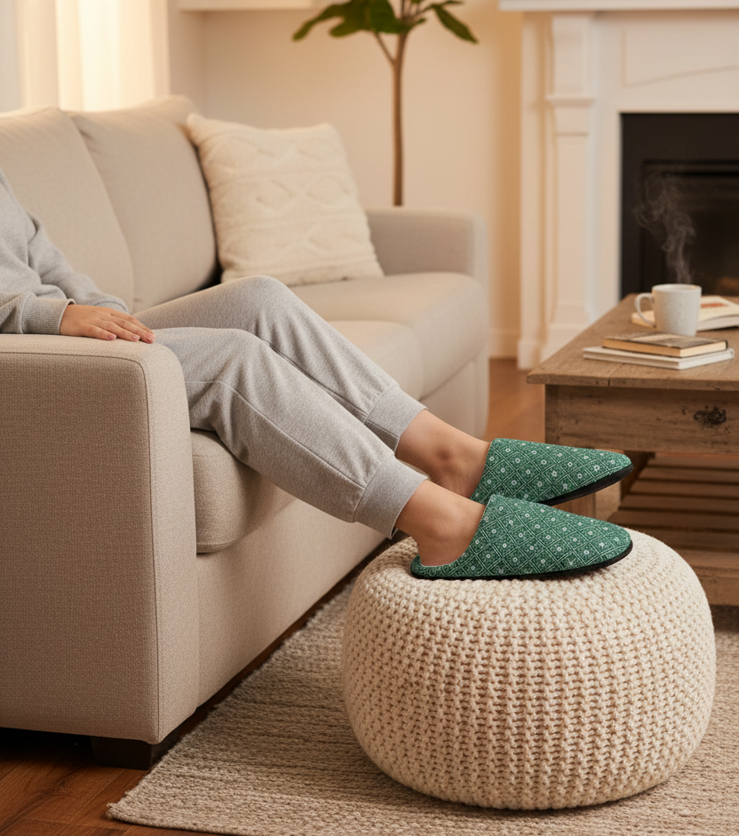 Person sitting on a beige sofa with green polka dot slippers, next to a textured ottoman in a cozy living room.