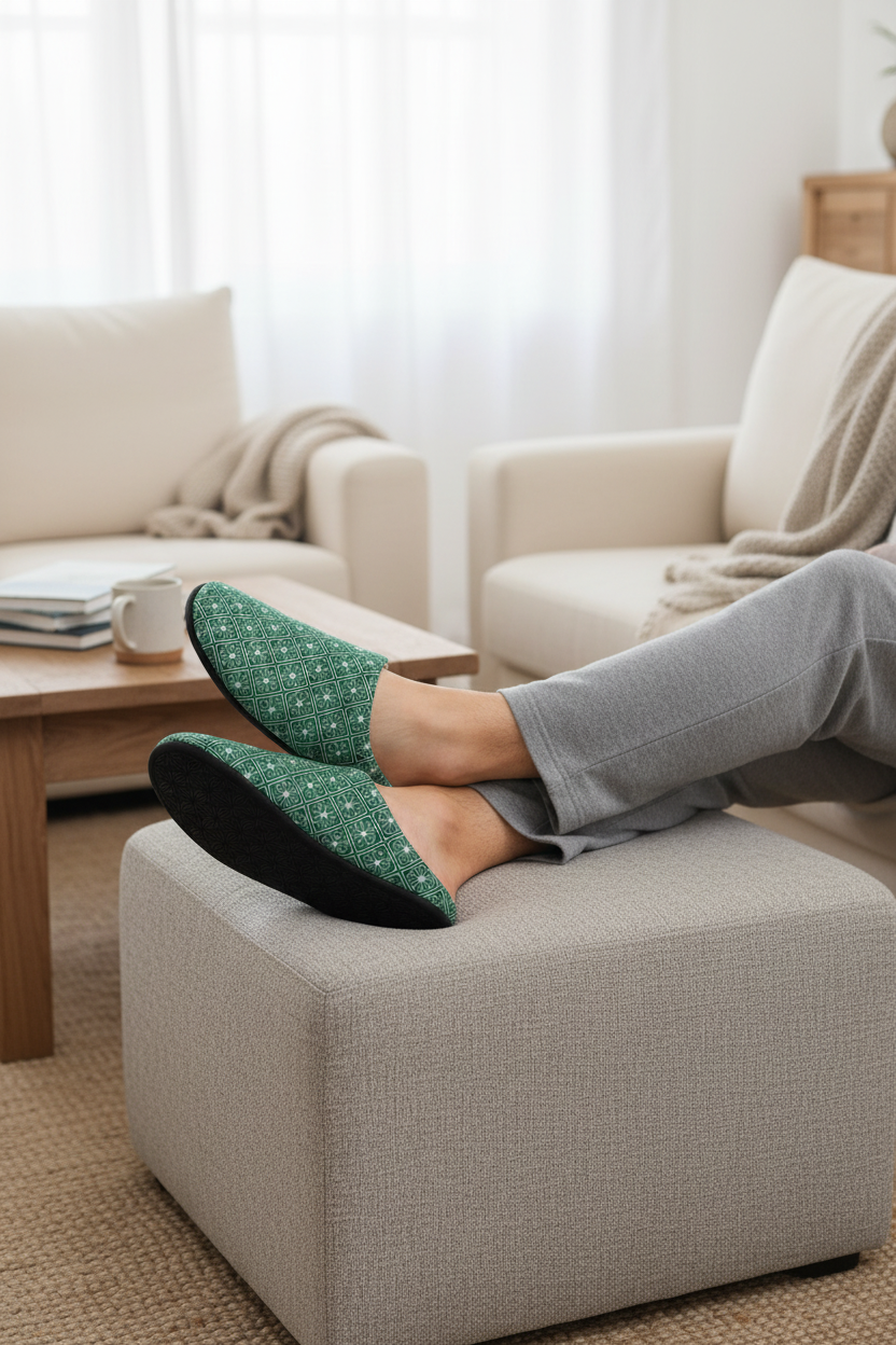 Person wearing green slippers on a beige ottoman in a living room.