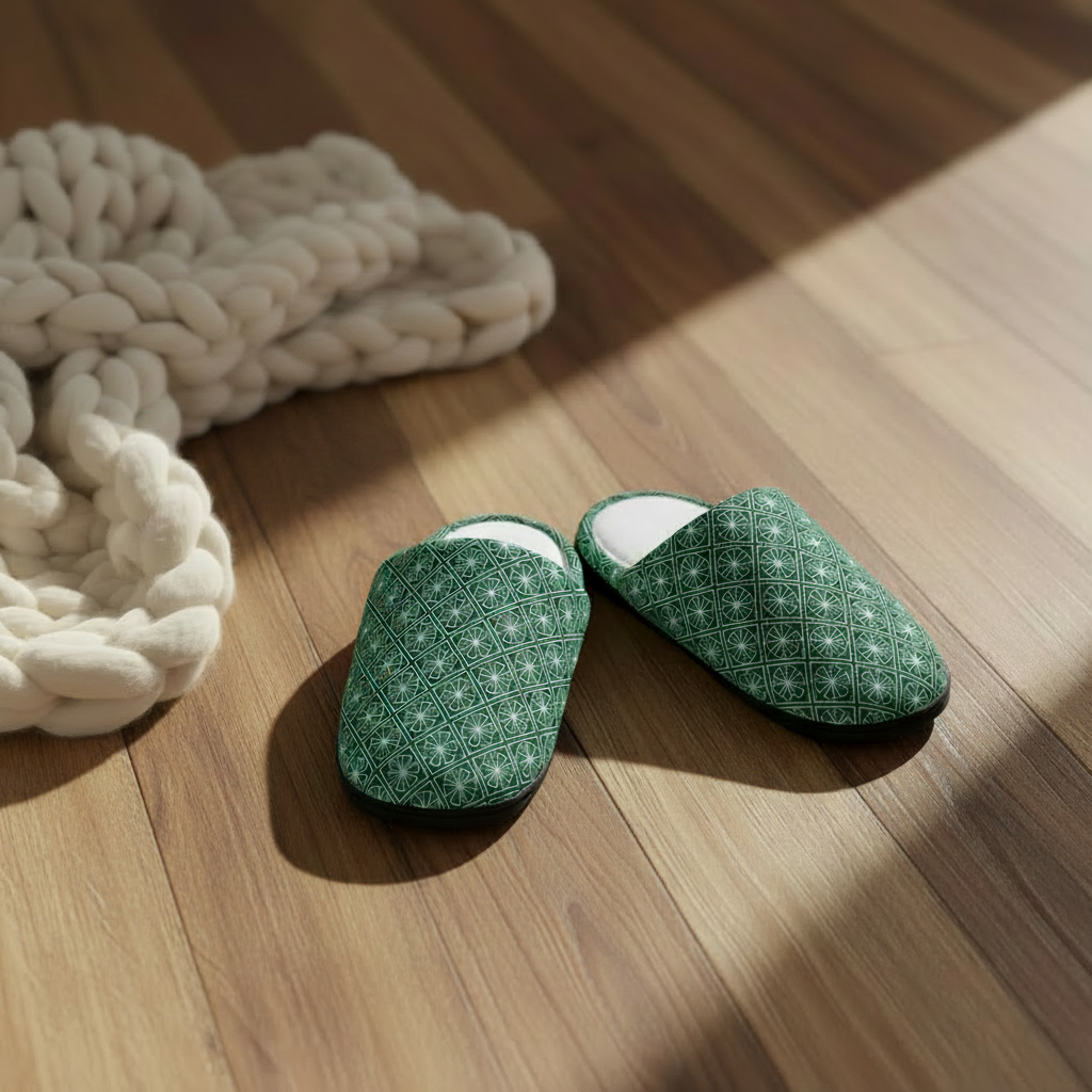 Green patterned slippers on a wooden floor with a cup of tea and knitted blanket.