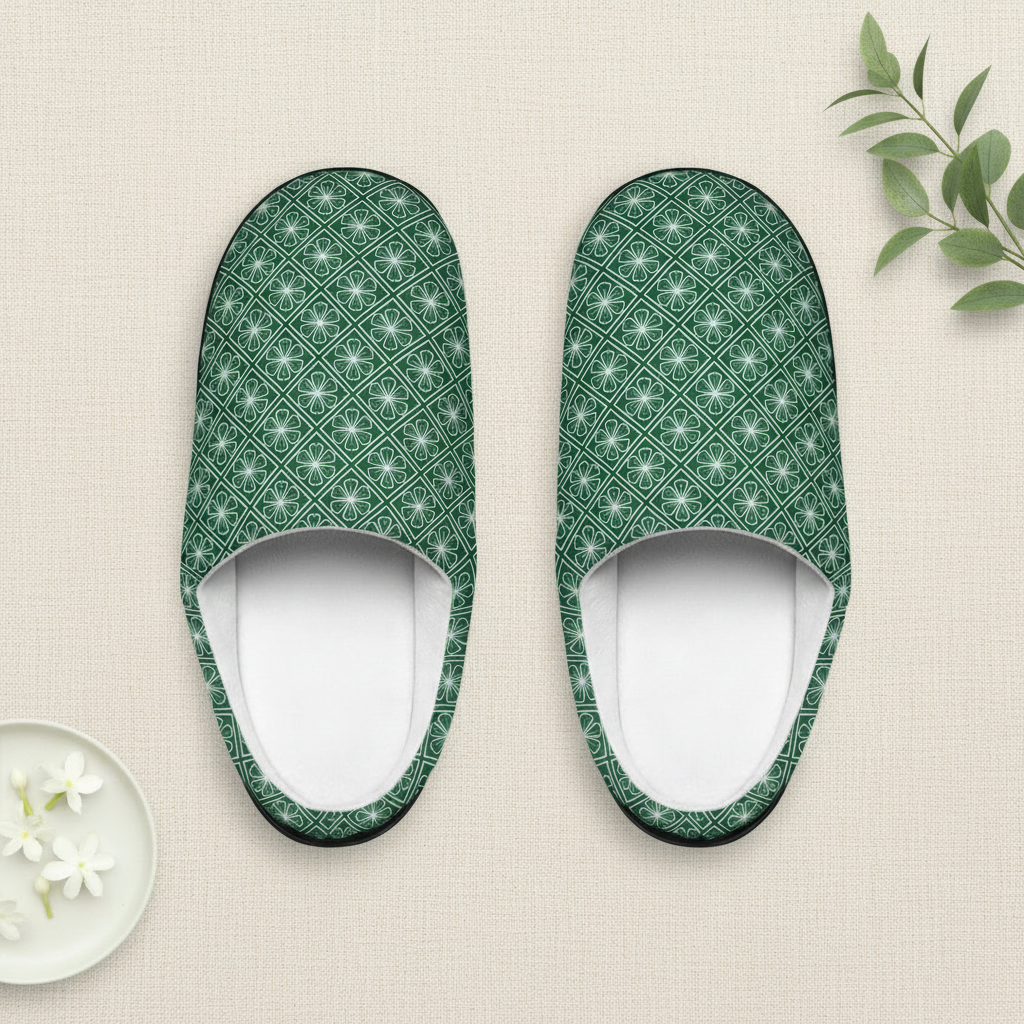 Green patterned slippers on a white background with a small plant and flowers.