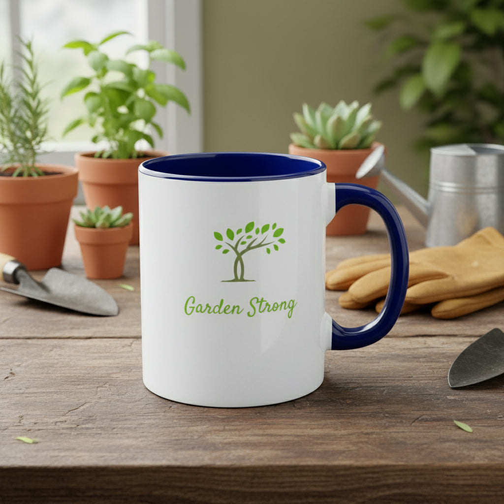 White mug with blue interior and handle, featuring a tree logo and 'Garden Strong' text on a beige background.
