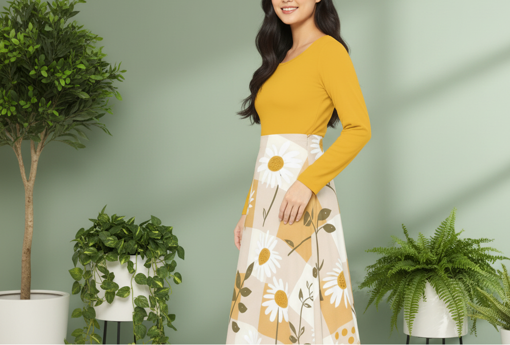 Woman in mustard yellow top and floral skirt standing among potted plants with a green background