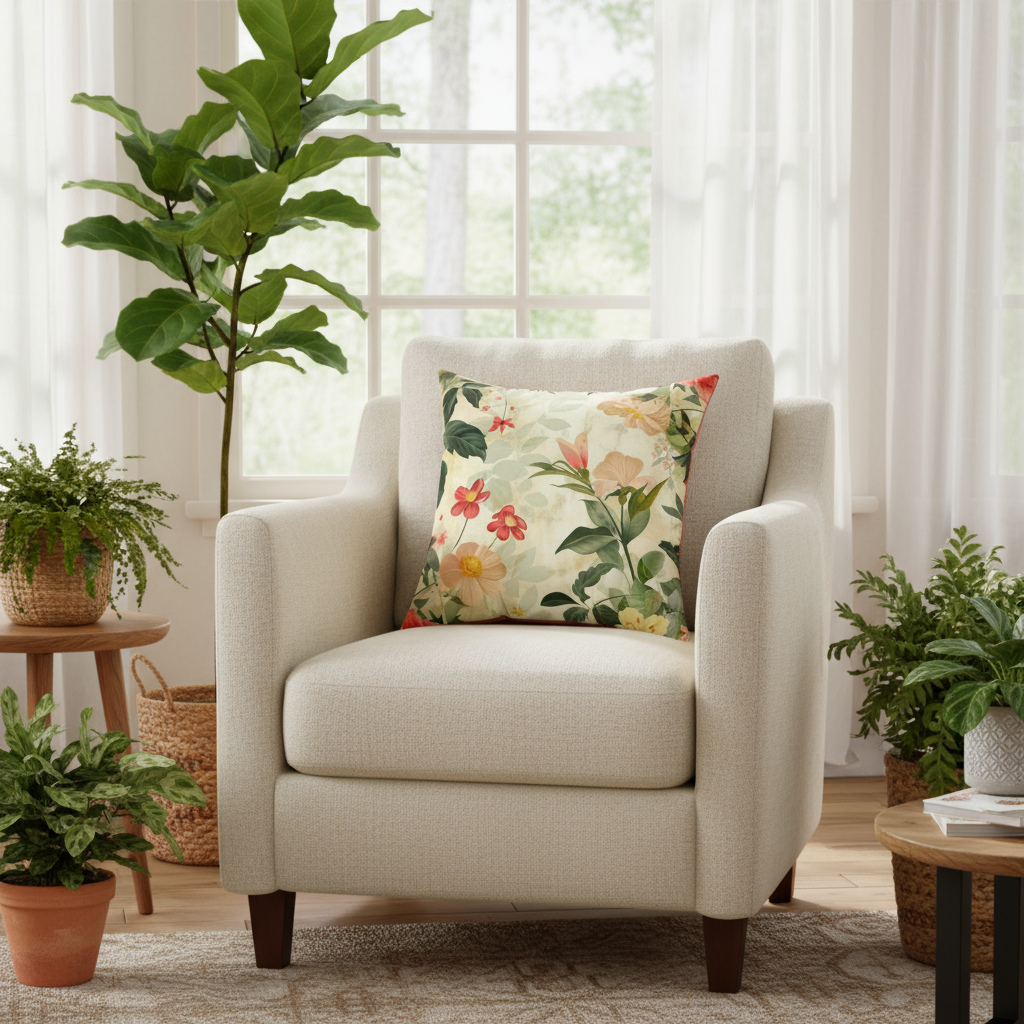 Beige armchair with a floral pillow in a room with plants and a window.