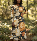 Woman wearing a floral dress in a forest setting
