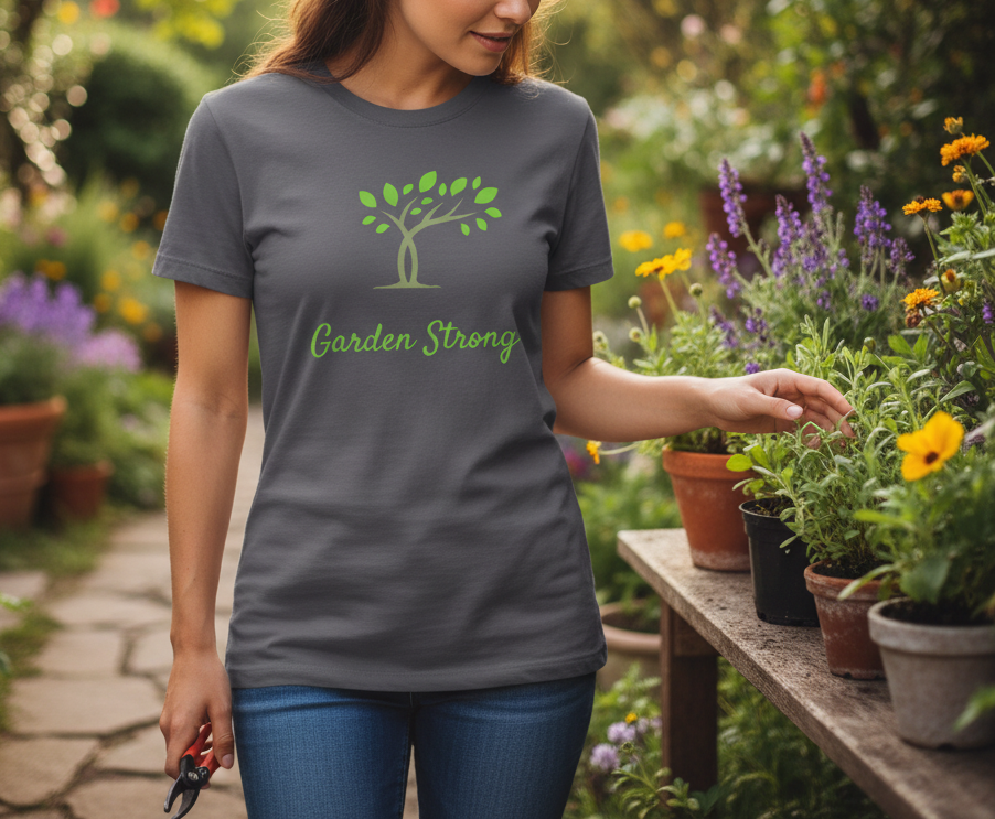 Person wearing a 'Garden Strong' t-shirt in a garden setting