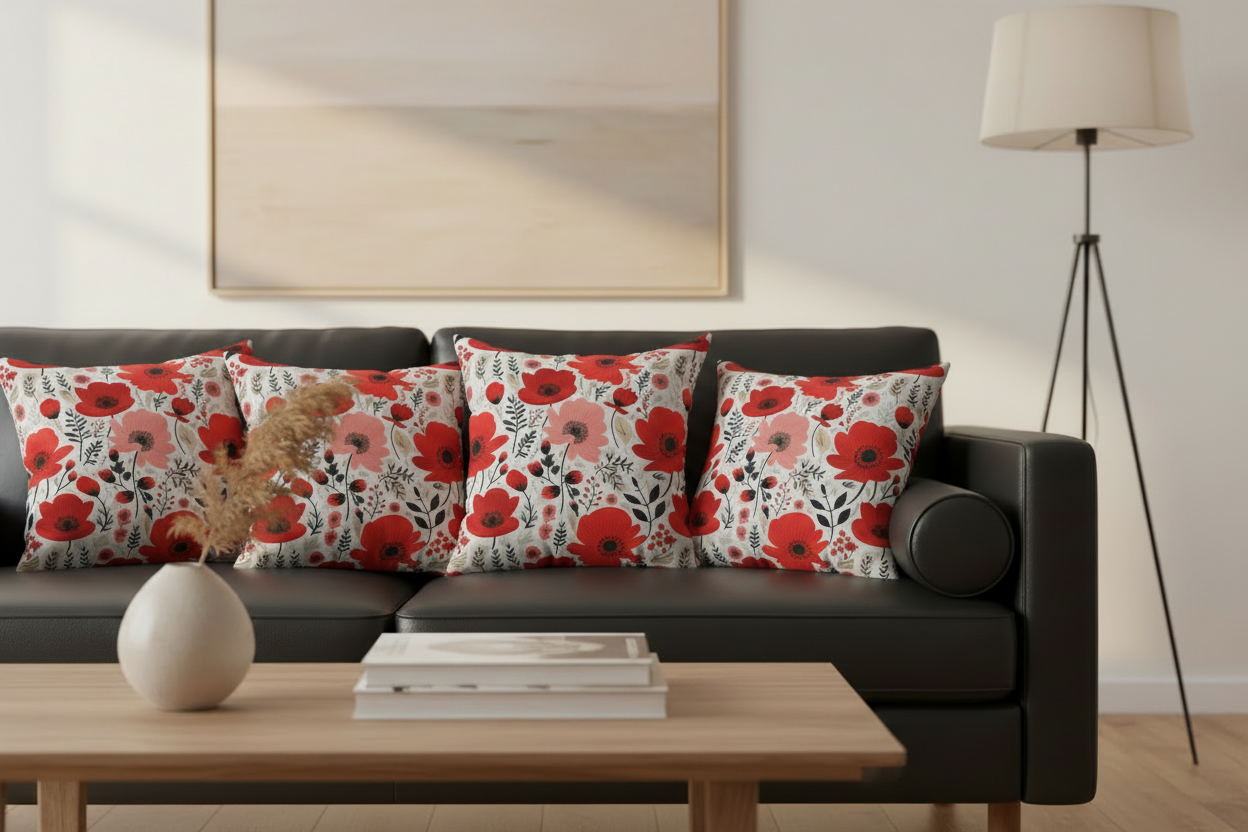 Decorative pillows with floral patterns on a black sofa in a living room setting.