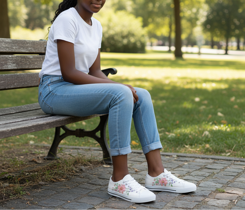 Person sitting on a bench in a park wearing white sneakers with floral designs.
