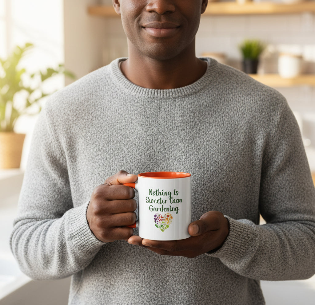 Mug with 'Nothing is Sweeter than Gardening' text and heart-shaped floral design on a beige background