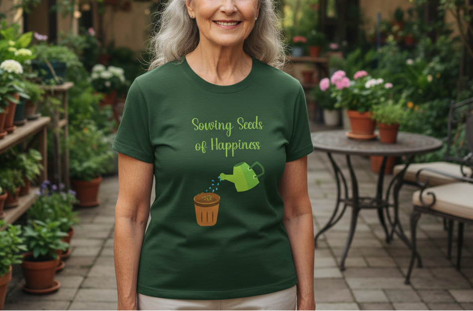 Woman wearing a green t-shirt with a graphic and text, standing in a garden setting.