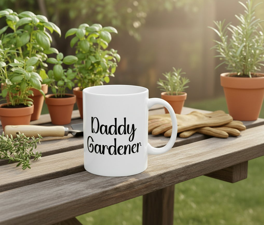 White mug with 'Daddy Gardener' text on a garden table with plants and gloves.