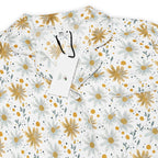Floral patterned shirt with yellow flowers on a white background