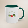 Mug with 'Gardening Rocks' text and gardening-themed graphics on a beige background
