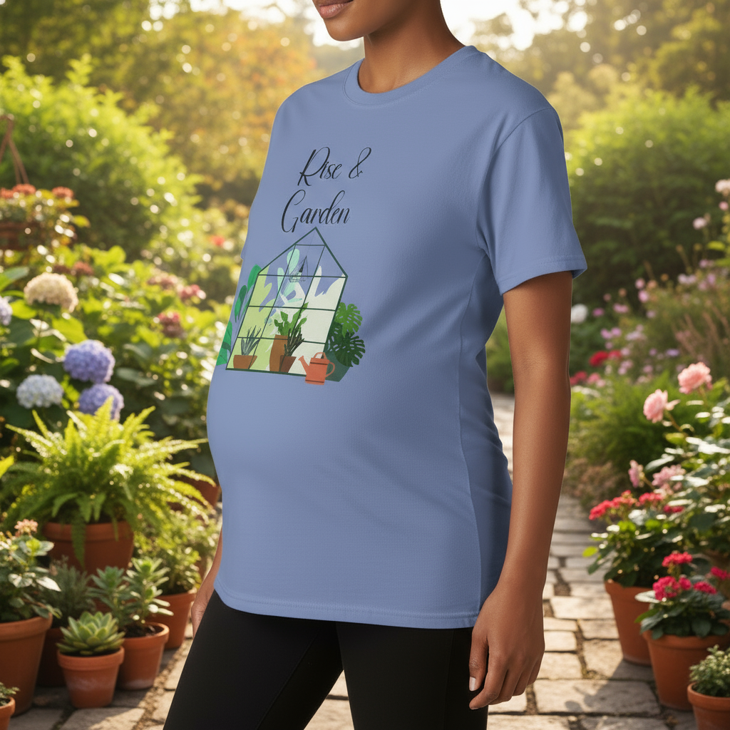 Person wearing a blue t-shirt with a graphic design of plants and text 'Rose & Garden' in a garden setting.