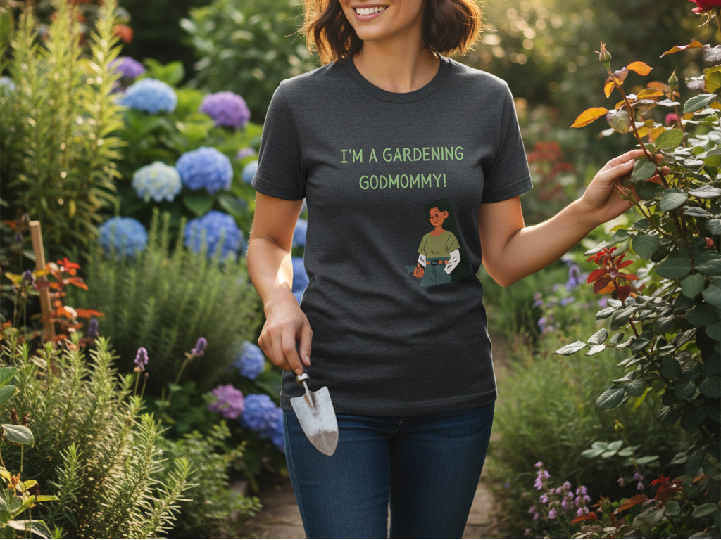 Woman in a garden wearing a t-shirt with 'I'm a gardening godmommy!' text and a graphic of a person gardening.