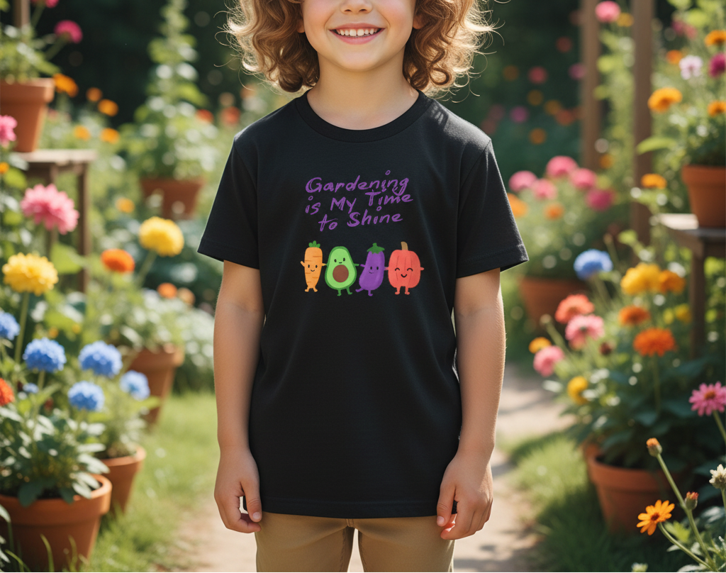 Child wearing a black t-shirt with colorful vegetable graphics and text in a garden setting