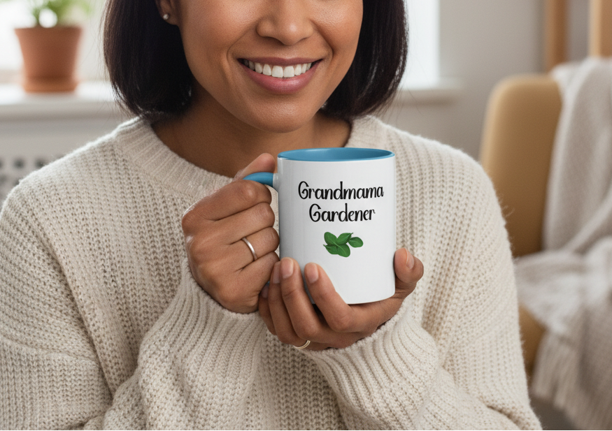 Person holding a mug with 'Grandma Gardener' text, smiling indoors.