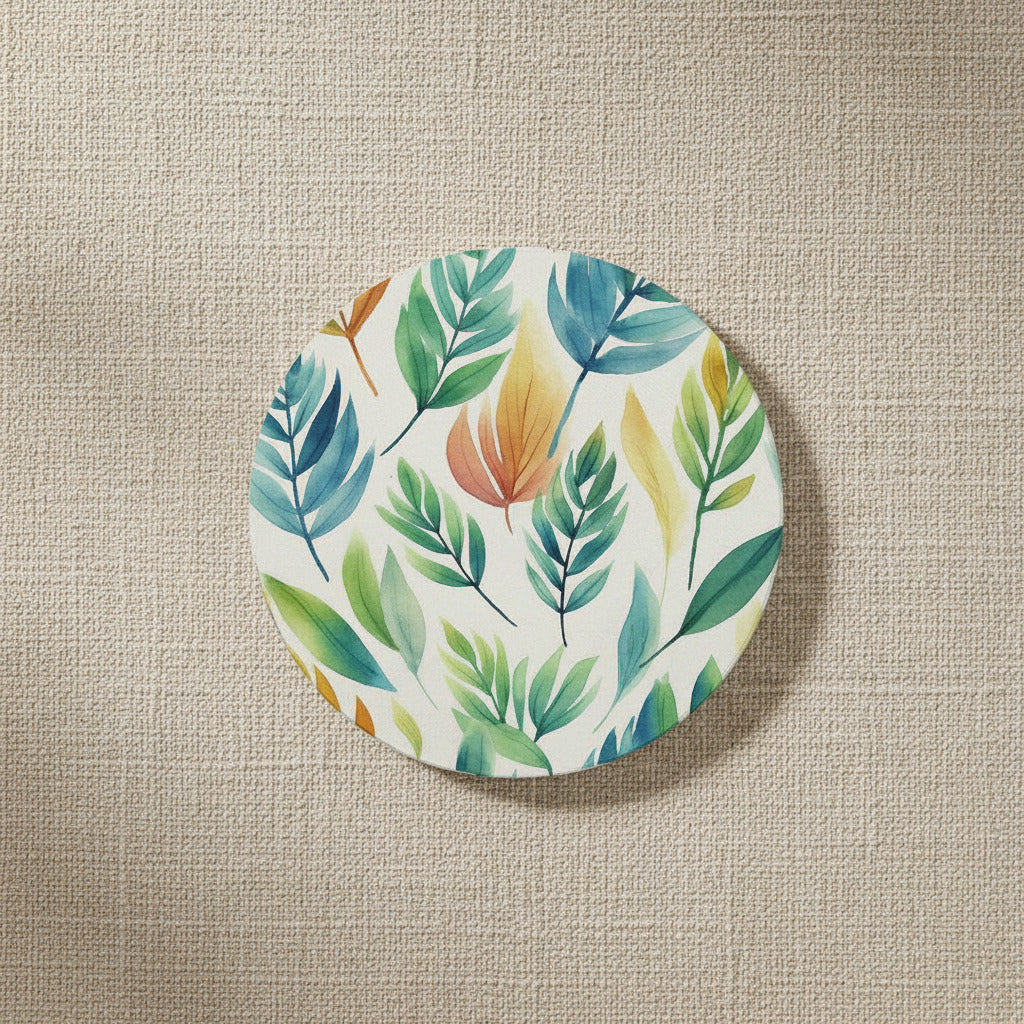 Round coaster with leaf pattern on a white background