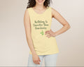 Woman wearing a yellow tank top with text on a beige background