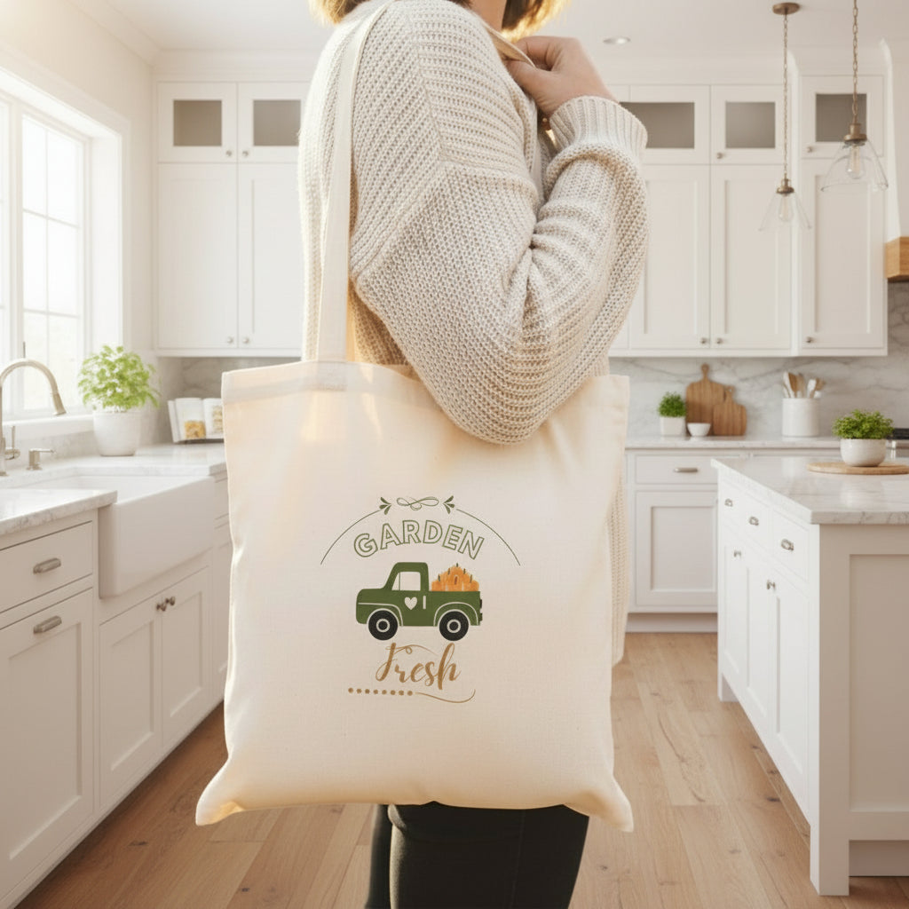 White tote bag with 'Garden Fresh' design featuring a truck and pumpkins on a beige background