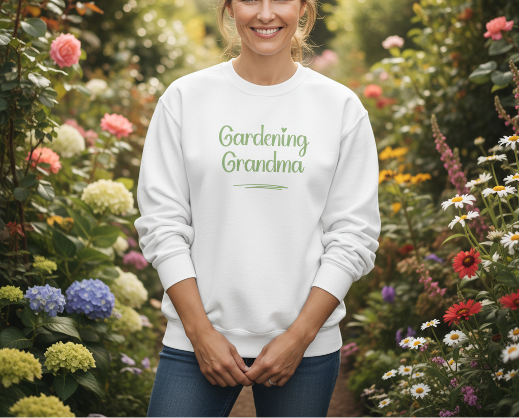 White sweatshirt with 'Gardening Grandma' text on a beige background